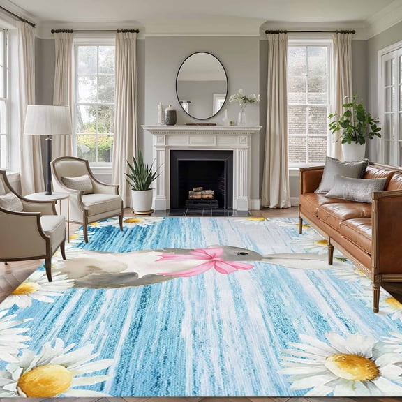 5'x7' Area Rugs for Living Room Bedroom, Blue Easter Bunny Washable Rug Carpet Runner Indoor Outdoor, Spring Daisy Modern Ombre Striped Non Slip Floor Mats Area Rug for Kitchen, Nursery