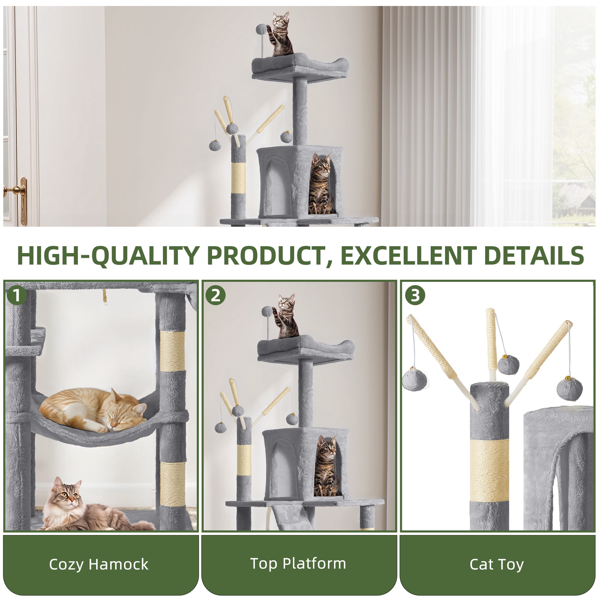 Uforic 64.5" Cat Tree Tower,Multi-Level Play Tower Condo  with Scratching Posts&Perch Hammock for Indoor Cats, Light Gray