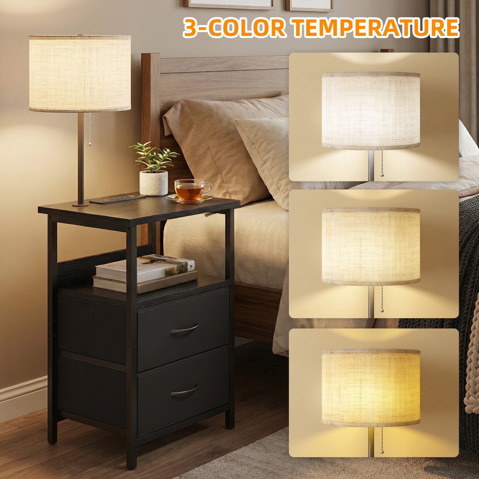 Tomnk Floor Lamp Table with 2 Drawers, LED Side Table with Charging Station, Black