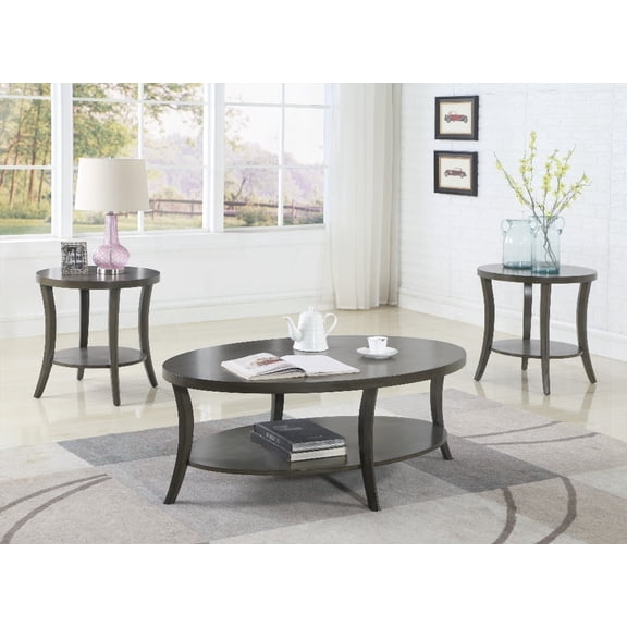 Gray Perth Oval Shelf Coffee Table Set for Living Room (Includes 2 End Tables)