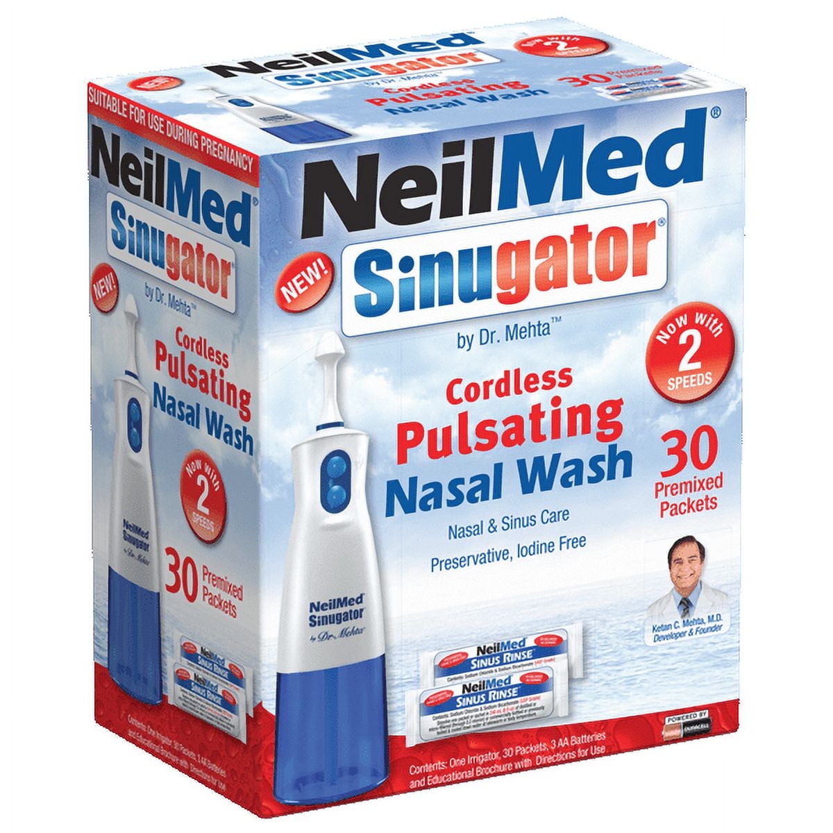 NeilMed Sinugator Cordless Nasal Irrigator Dual Speed Kit - 30 Pack, 3 AA Batteries, Pulsating Flow Technology, Blue