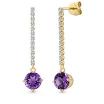 Gem Stone King 14K Yellow Gold Purple Amethyst and Lab Grown Diamond Dangle Earrings for Women | 2.76 Cttw | Gemstone February Birthstone | Round 7MM
