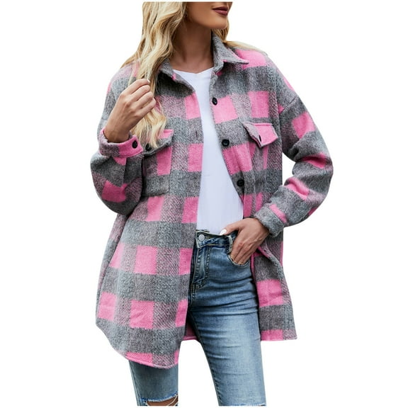 Mingw Womens Plaid Shacket Jacket Flannel Knitting Cotton Winter Clothing Woolen Coats,L