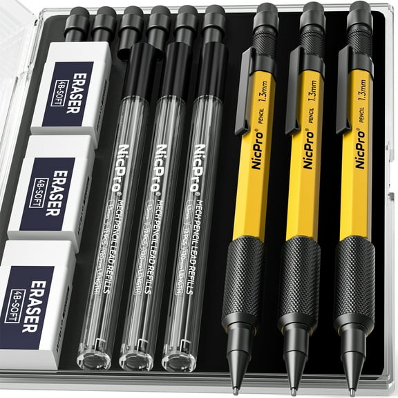 Nicpro 3Pcs 1.3 mm Mechanical Pencils Set with 36 Lead Refill, 3 Eraser, Weatherproof Metal Barrel, Heavy Duty Carpenter Pencil for Outdoor Marking Drafting Drawing Sketching Woodworking - with Case