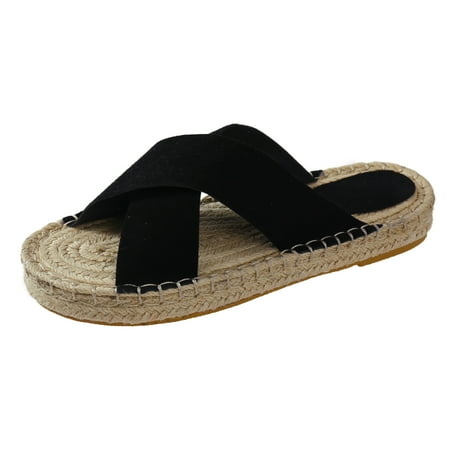 

Youmylove Women Slide Slippers Fashion Summer Solid Color Suede Cross Strap Sandals Straw Bottom Flat Slippers Comfort Cozy Leisure Daily Walking