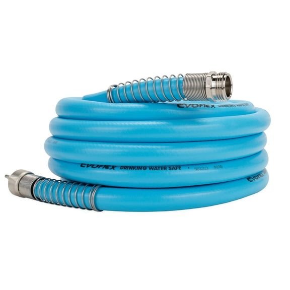 Camco EvoFlex 25-Foot RV Drinking Water Hose - Stainless Steel Strain Reliefs Ends, Blue (22594)