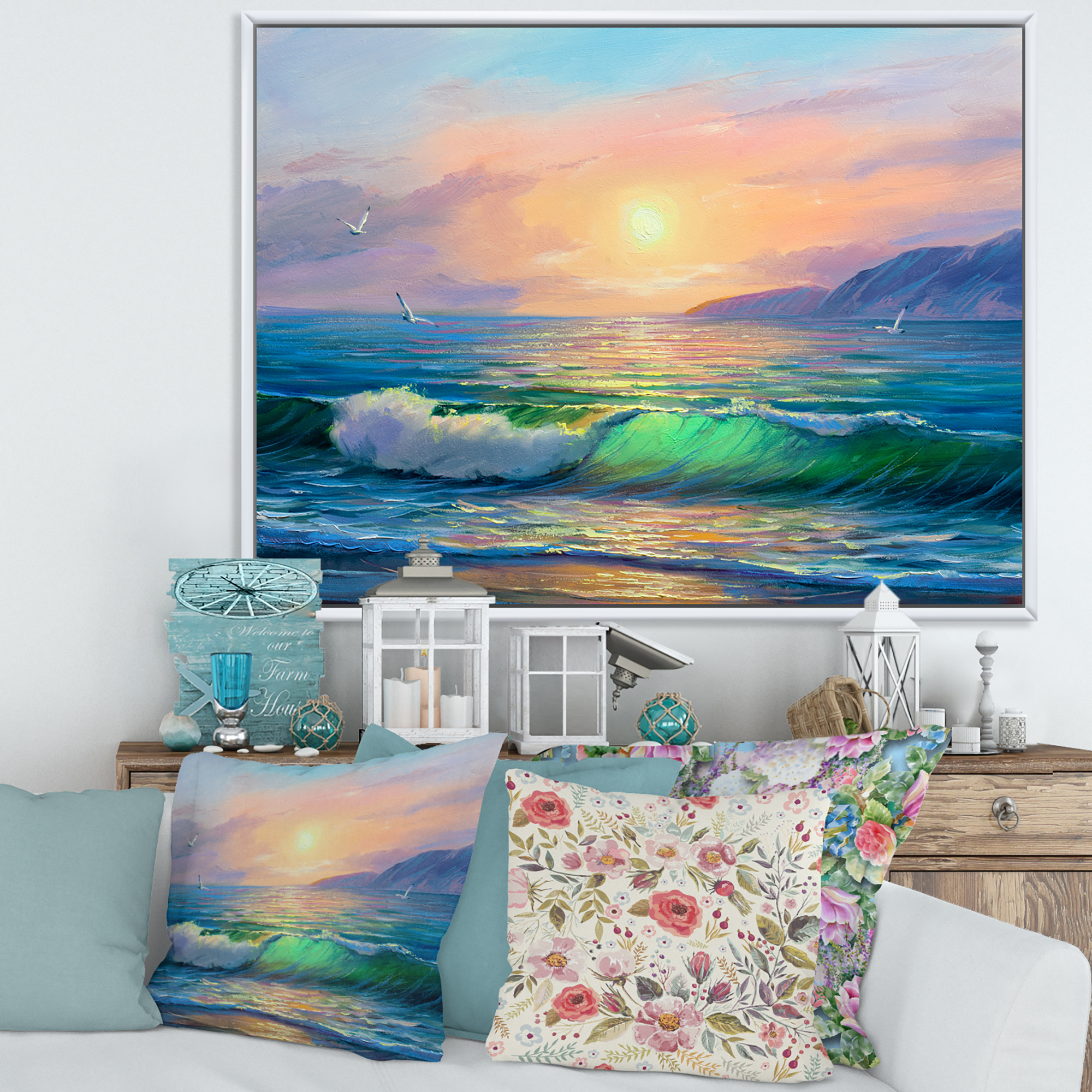 Designart 'Blue Waves Breaking At The Beach Landscape V' Nautical & Coastal Framed Canvas Wall Art Print