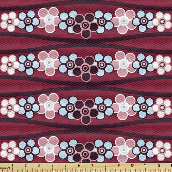Floral Upholstery Fabric by the Yard, Composition of Horizontally Arranged Round Floral Details and Wavy Stripes, Decorative Fabric for DIY and Home Accents, Raspberry and Blue by Ambesonne