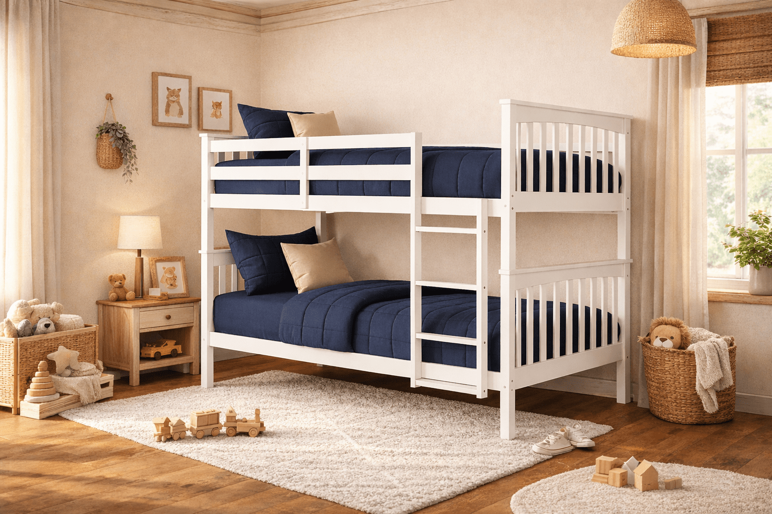 BR Wooden Kids Twin Over Twin Bunk Bed White