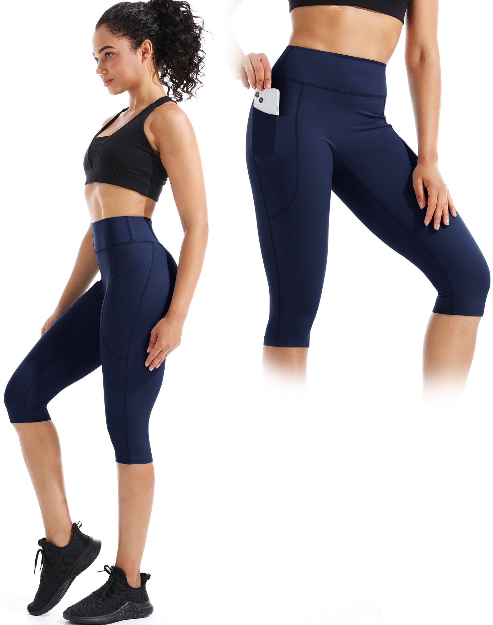 NELEUS Womens Yoga Capris Leggings For Workout With Pockets Tummy Control High Waist,Black+Gray+Dark Navy Blue,US Size M