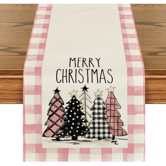 Camino de mesa navideño con diseño de búfalo a cuadros, acuarela, ideal para fiestas de invierno, cocina, comedor, decoración de interiores y exteriores.