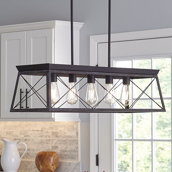 Briarwood Collection Five-Light Textured and Cerused Black Farmhouse Style Linear Island Chandelier Light
