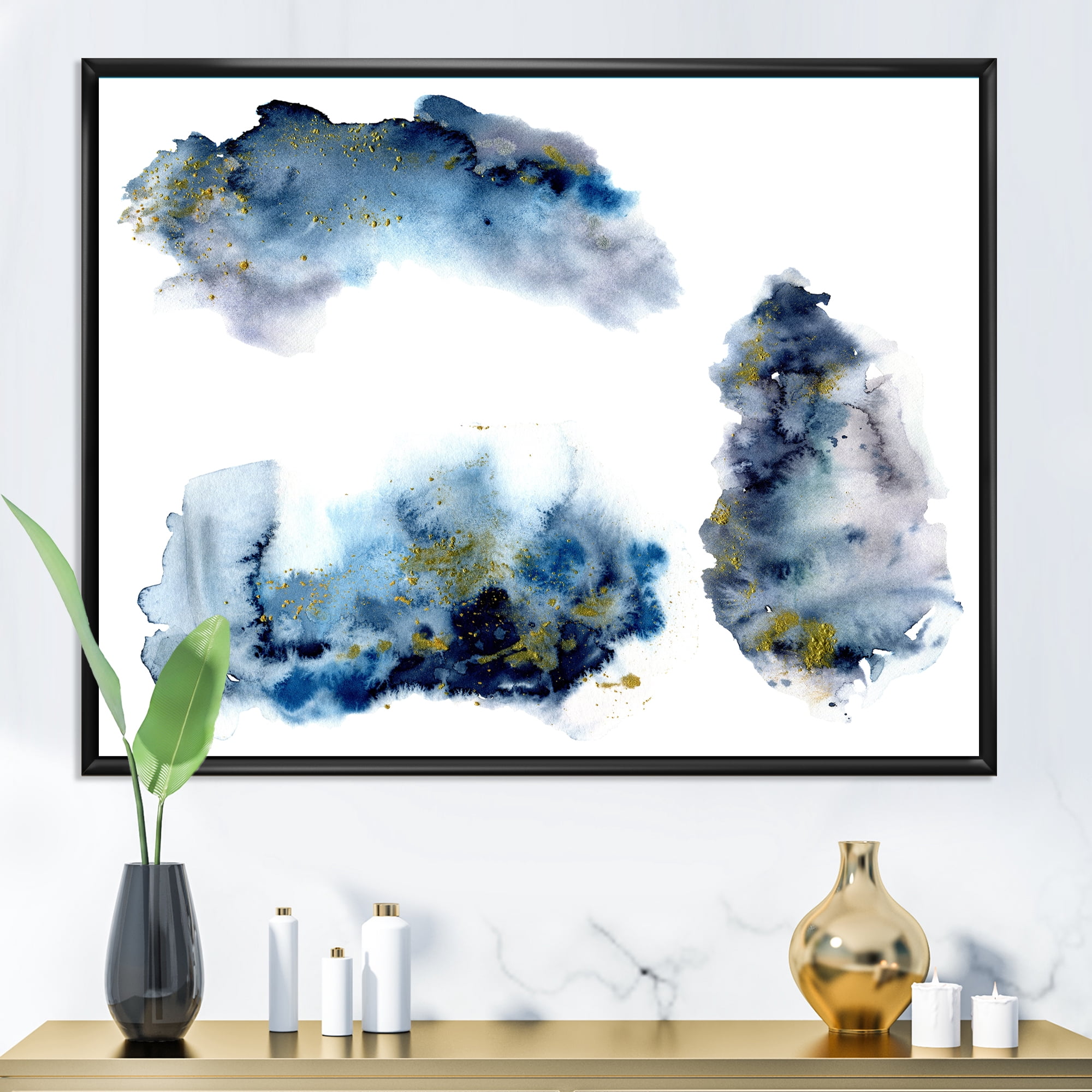 Designart 'Gray and Blue Clouds With Golden Glitter' Modern Framed Canvas Wall Art Print