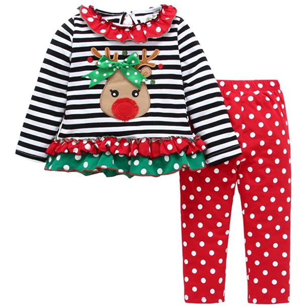 Conjunto de trajes de Navidad para niños pequeños, niñas, ciervos, tops a rayas y pantalones de lunares Ormromra CJWUS-1073