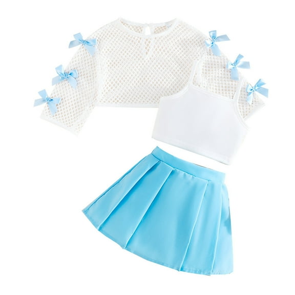 MEZZALL Girls 3-Piece Outfits Fishnet Round Neck Long Sleeve Crop Tops Camisole And Pleated A-Line Mini Skirt Sets Toddler Dailywear Trendy / 12-18 Months