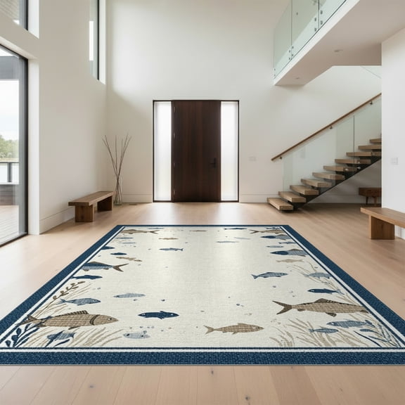 Design&I 8'x10' Washable Area Rug Fish Cabin Vintage Lake Map Nautical Wildlife Motif Border Fishing for Dining Room, Large Office, Lounge, Snag-Free