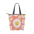 thumbnail image 2 of Zipper canvas bag large capacity large size practical handbag durable Canvas with leather material Smiley Face on Orange Background, 2 of 7