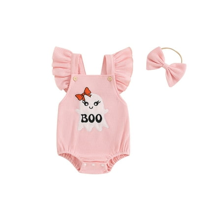

DcoolMoogl Halloween Baby Girl Outfit Fly Sleeve Embroidery Ghost Romper Hairband
