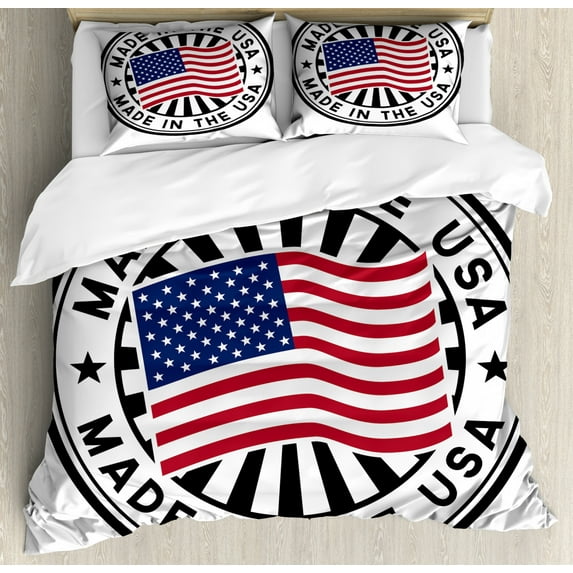 American Duvet Cover Set King Size, Stamp with National Flag and Lettering Made in the USA, Decorative 3 Piece Bedding Set with 2 Pillow Shams, Charcoal Grey Vermilion and Navy Blue, by Ambesonne