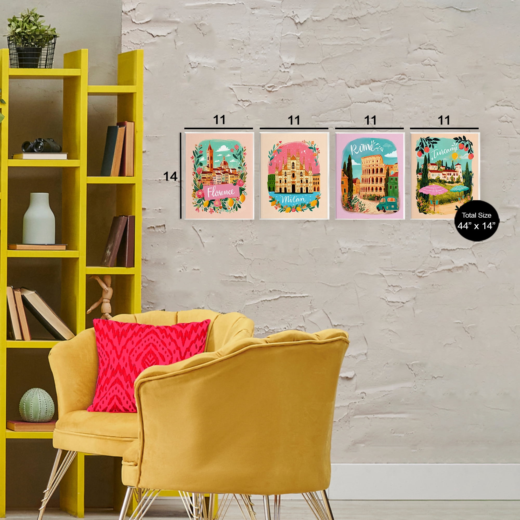 Italy Travel Locations with Florals 4 Piece Wall Plaque Art Set, design by Yen