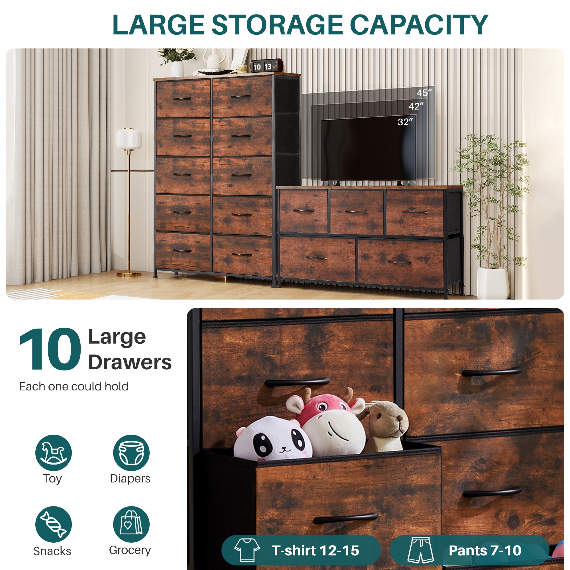 Nextay 10-Drawer Fabric Dresser for Bedroom, Storage Dresser Closet with Steel Frame & Wooden Top for Living Room, Entryway, Brown