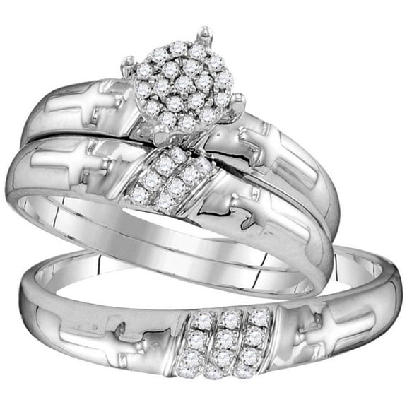 10K White Gold Round Diamond Cross Matching Wedding Ring Set 0.3cttw