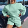 thumbnail image 1 of Ensemble de 2 Pcs pour Femmes 2023 Mode Blouse Col Rond Couleur Unie Manches Longues Hauts Courts Chandail en Molleton Shorts Ensemble Décontracté en Solde, 1 of 7