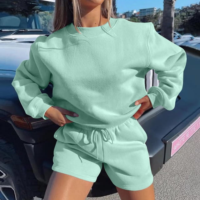 Ensemble de 2 Pcs pour Femmes 2023 Mode Blouse Col Rond Couleur Unie Manches Longues Hauts Courts Chandail en Molleton Shorts Ensemble Décontracté en Solde