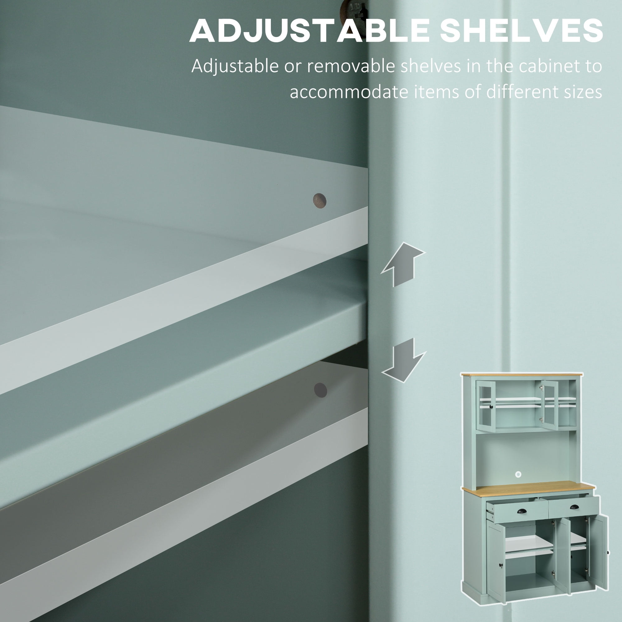 HOMCOM 71" Freestanding Pantry, Kitchen Buffet with Hutch, Modern Storage Cabinet with Drawers, Glass Doors, and Adjustable Shelves, Light Green
