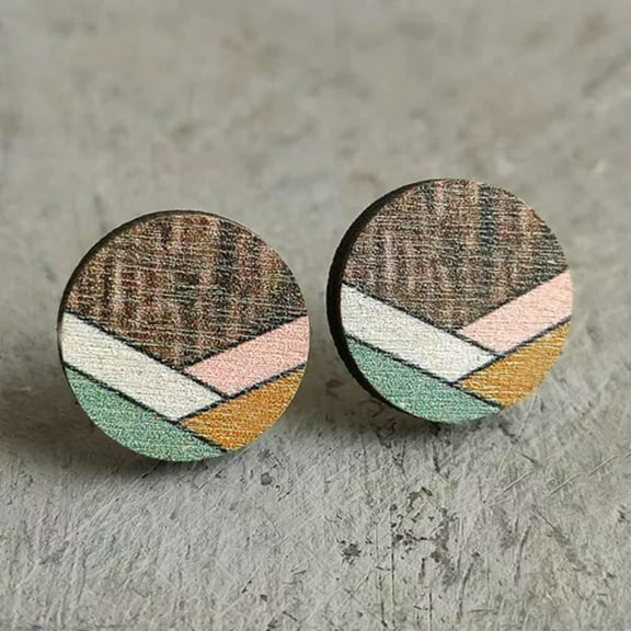 Geometric Stripes Print Wood Studs Round Hexagon Wooden Stud Earrings for Women