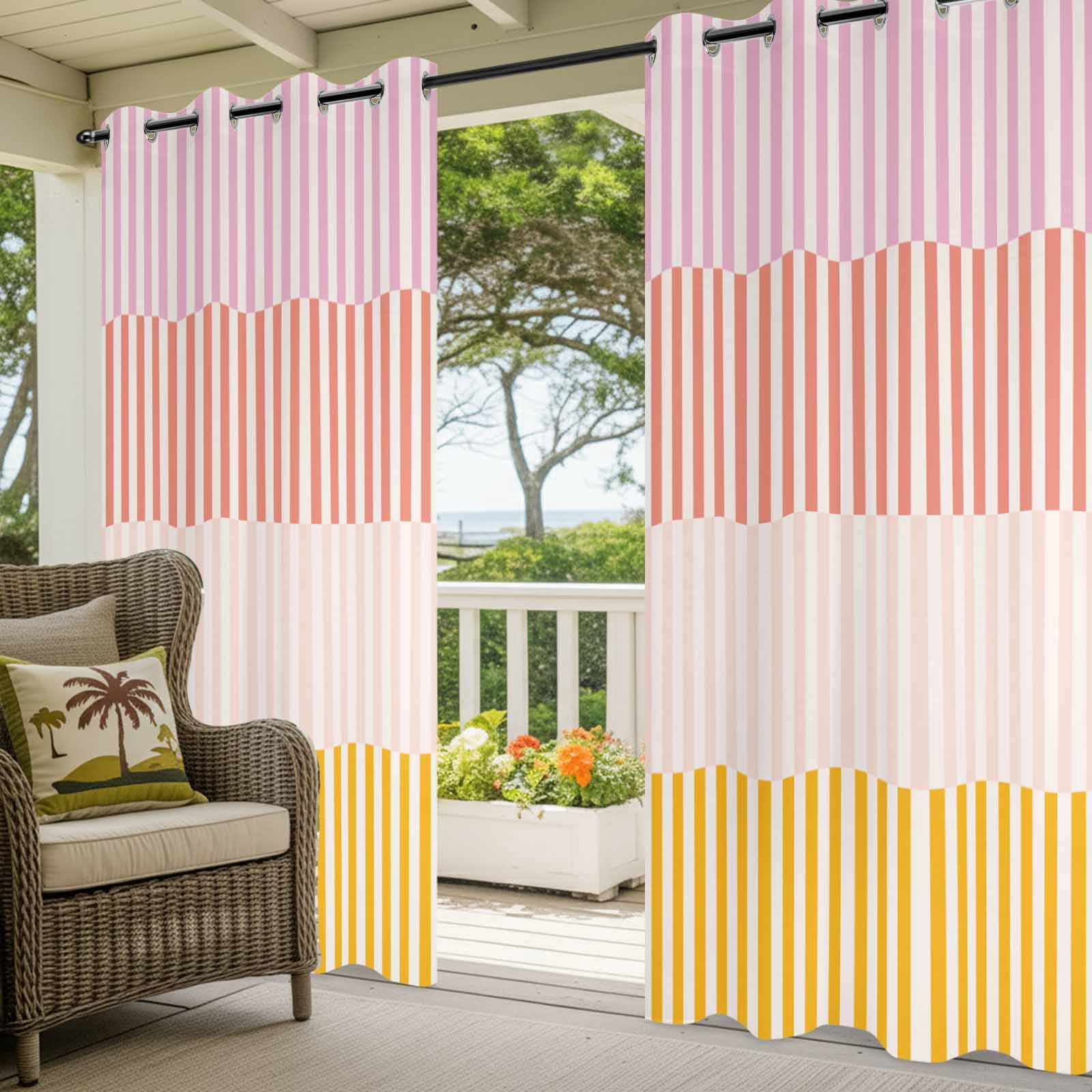 Colorful Stripe Outdoor Curtains for Patio Waterproof,Windproof Privacy Curtains with Weighted Bottom,Modern Pink Red Yellow Vertical Striped Outside Drapes for Picnic Garage Yard 54"x95" 2 Panel