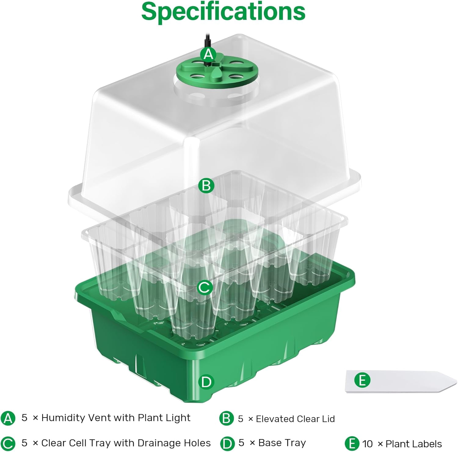 5 Packs Seed Starter Tray with Plant Light, Elevated Seedling Trays Kits Adjustable Humidity Domes and Clear Cell Tray, 12 Full Spectrum led lamp Beads for Plants Indoor-Green