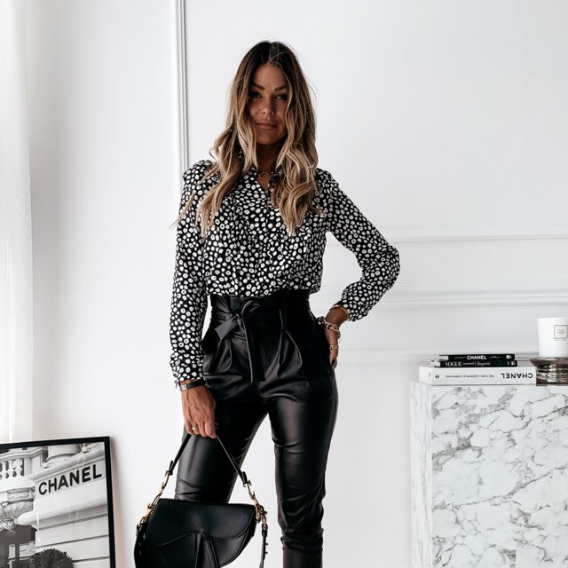 Jsaierl Button Down Shirts for Women Trendy Ruffle Trim High Neck Tops Polka Dot Print Blouses Plus Size Loose Comfy Work Shirts