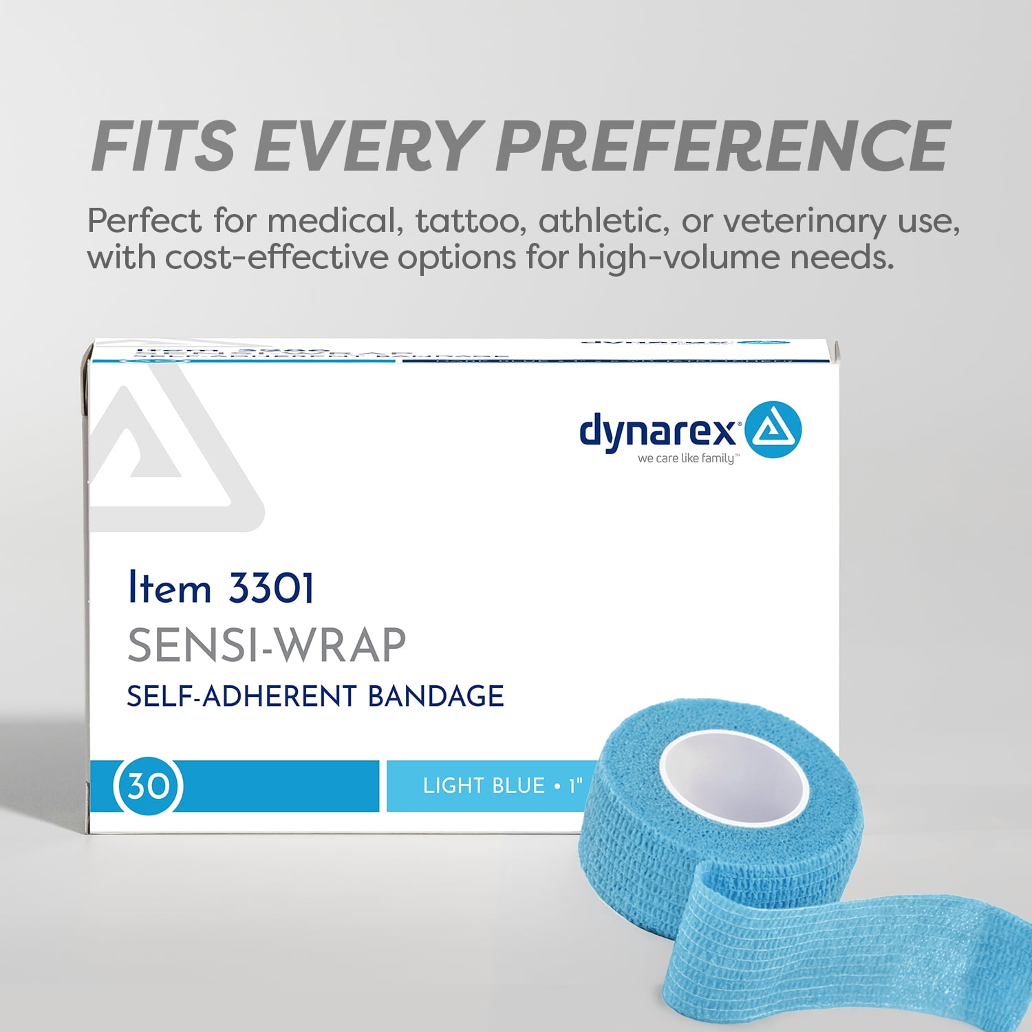 Dynarex Sensi-Wrap Self-Adhesive Bandages, 30-Pack, 1" x 5 yards, Light Blue, Latex, Colored Elastic Cohesive Athletic Tape, Tattoo Grip & Vet Wrap