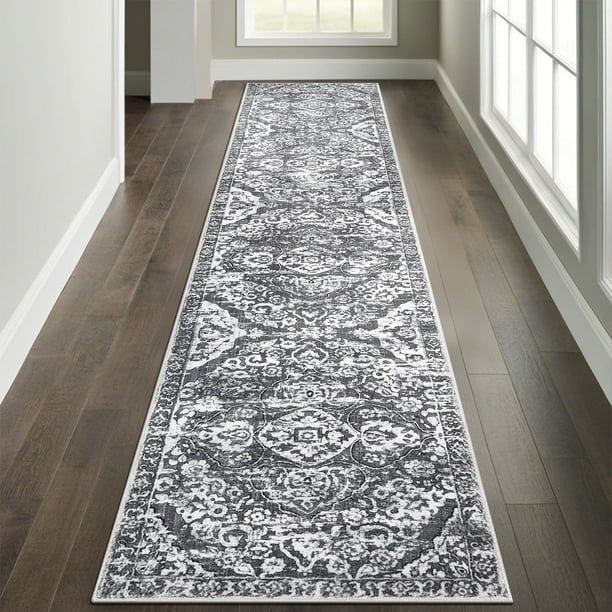 MeyJey Alfombra Boho para Pasillo Interior 2'x10', Alfombra Oriental Antideslizante Lavable a Máquina, Alfombra Vintage Desgastada para Recámara, Cocina, Comedor/sala de Estar/cuarto de Lavado, Gris