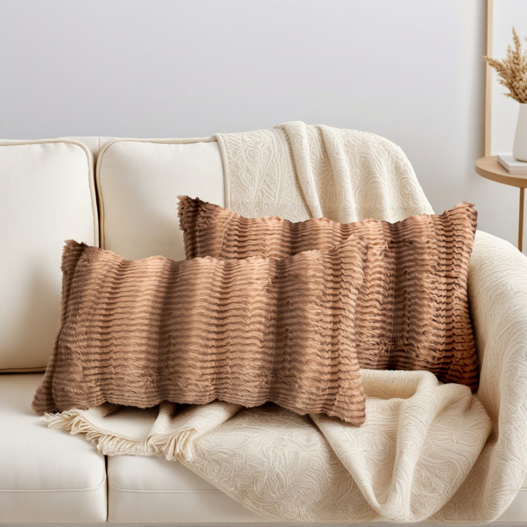 Unique Bargains Pack of 2 Plush Striped Pillow Covers 20" x 12" Tan Brown