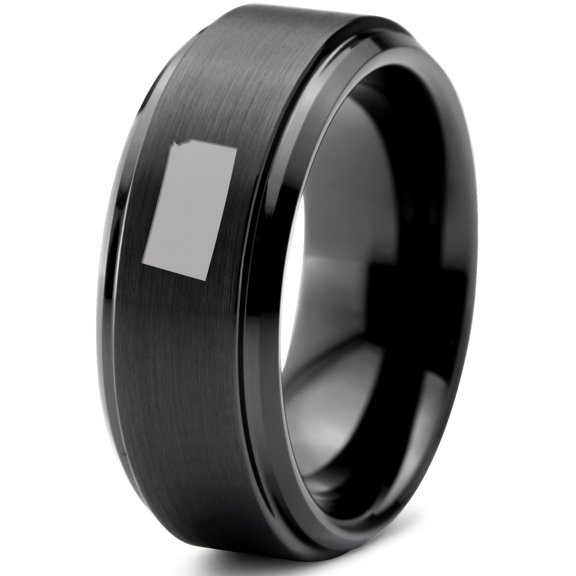 Tungsten Kansas Sunflower State Band Ring 8mm Men Women Comfort Fit Black Step Bevel Edge Brushed Polished