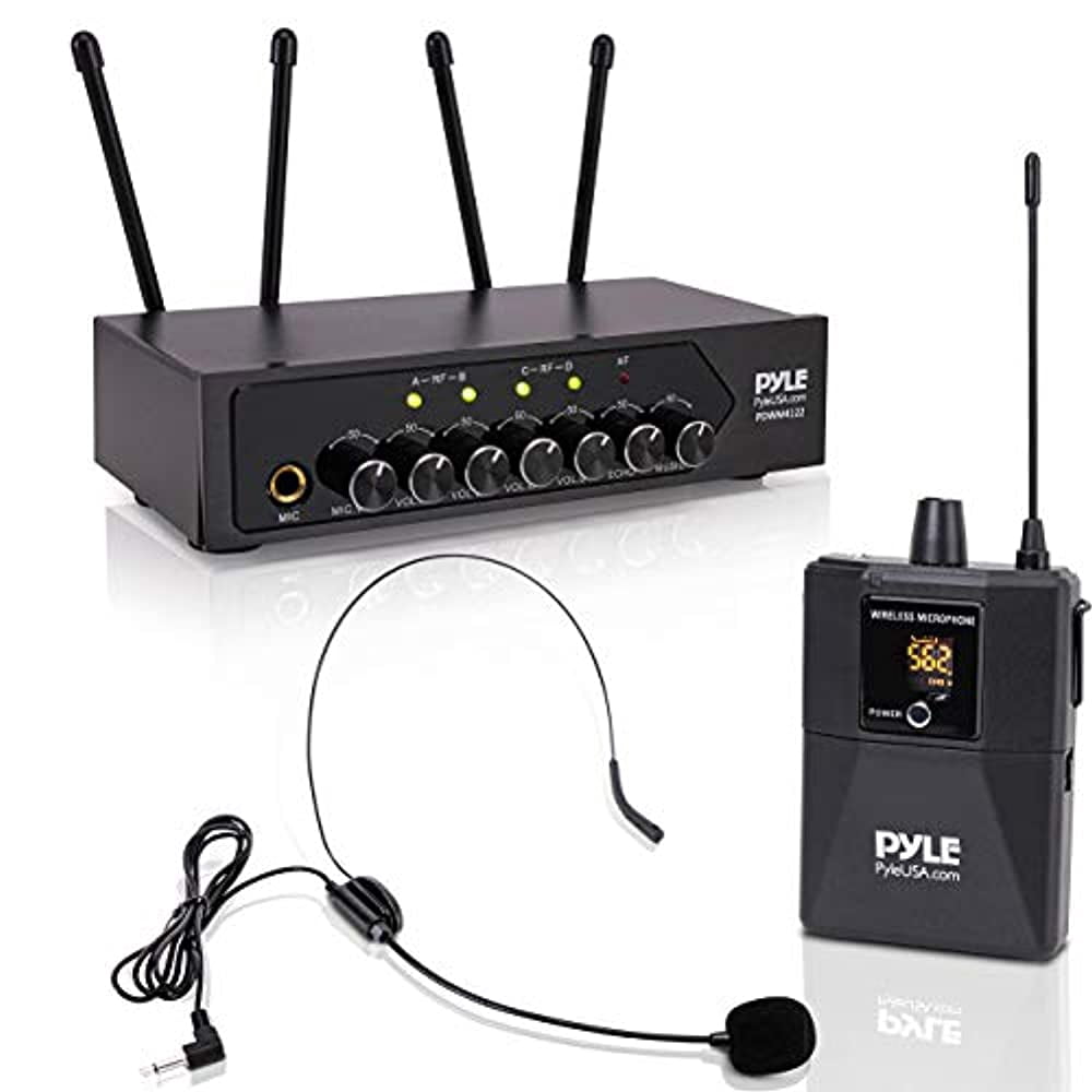 Pyle Portable Wireless Microphone System Battery Operated Four Bluetooth Cordless Microphone Set