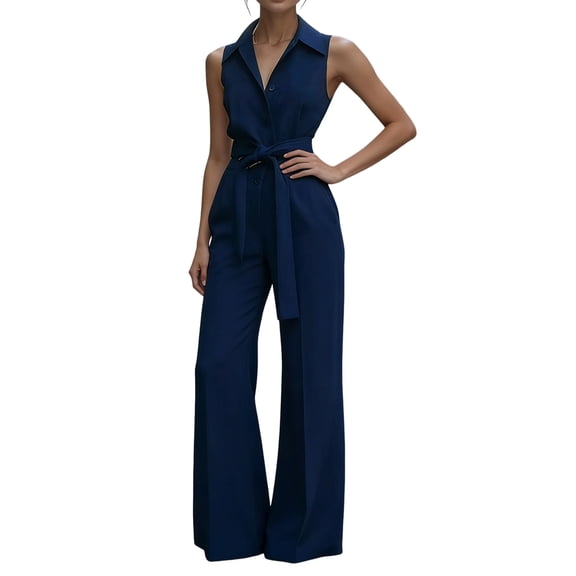 Women'S Wide Leg Jumpsuits for Party and Work - Casual Long Sleeve Round Neck Rompers Navy Blue XL