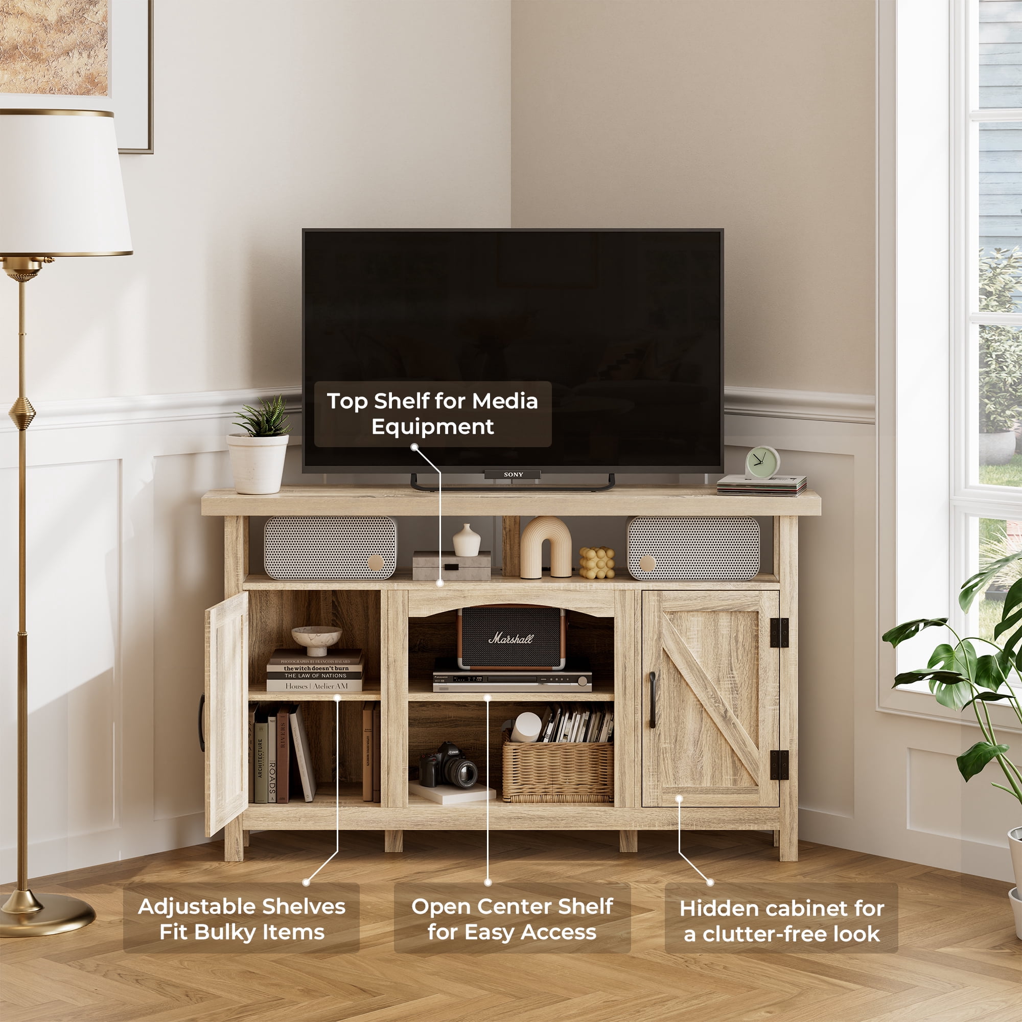 StorageWorks Farmhouse Corner TV Stand for TVs up to 60", Entertainment Center with Sliding Barn Doors and Storage Cabinets, Rustic Brown