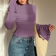thumbnail image 6 of jobturf Mock Neck Tops for Women Cute Lettuce Trim Bell Sleeve T Shirts Stretchy Slim Fitted Basic Tees Fall Spring Fashion Y2k Long Sleeve Blouses, 6 of 8