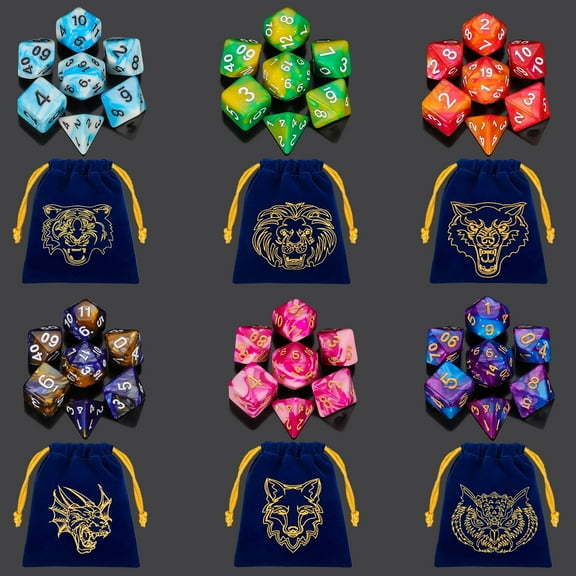 CiaraQ DND Dice Sets - 6 X 7 Polyhedral Dice (42pcs) with 6 Blue Drawstring Bags for Dungeons and Dragons, RPG, MTG,Role Playing Table Game