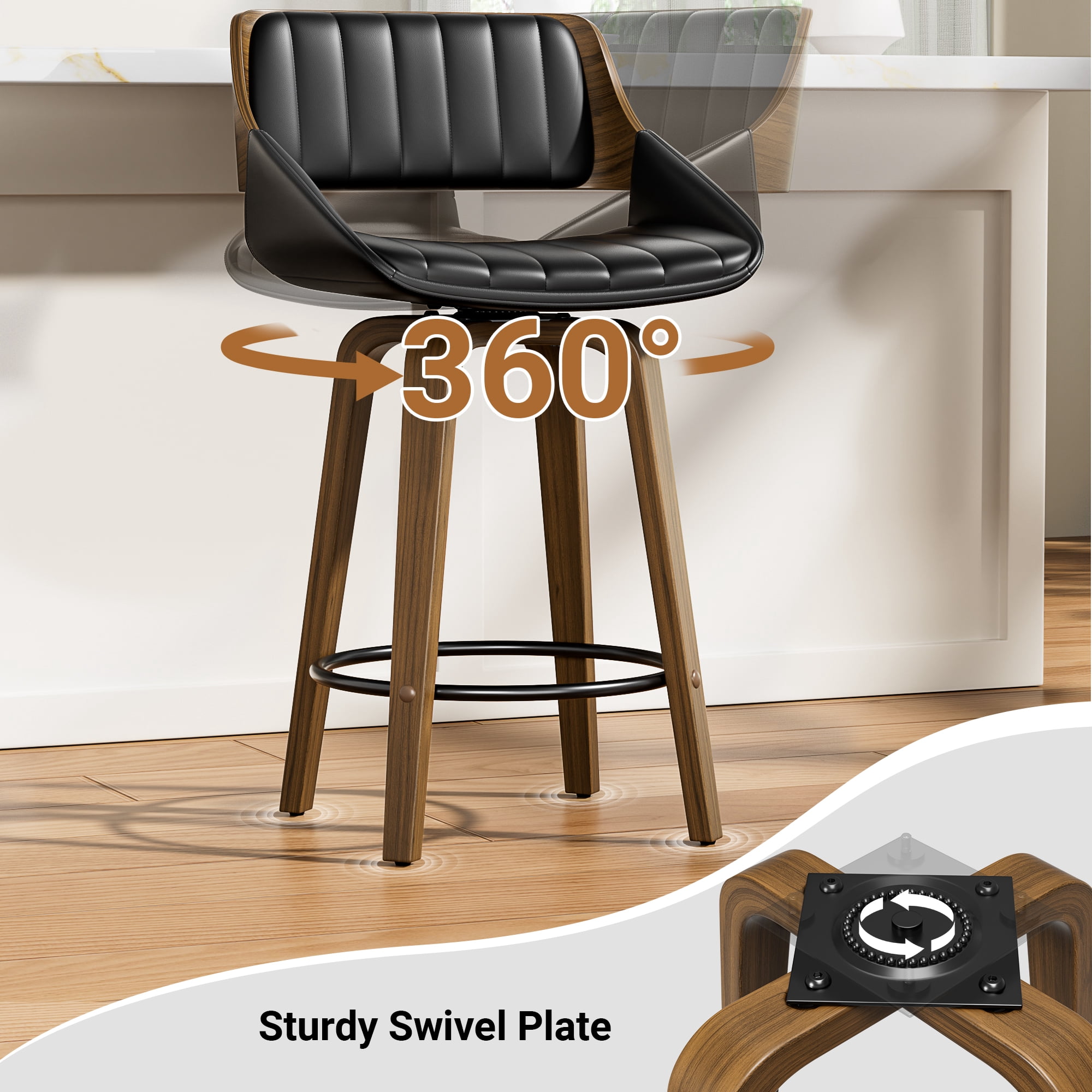 LainTene 26" Swivel Counter Height Bar Stool with Walnut Bentwood Frame, Faux Leather Seat & Footrest, Mid-Century Modern Chair for Kitchen Island, Bar, or Café (Set of 3)