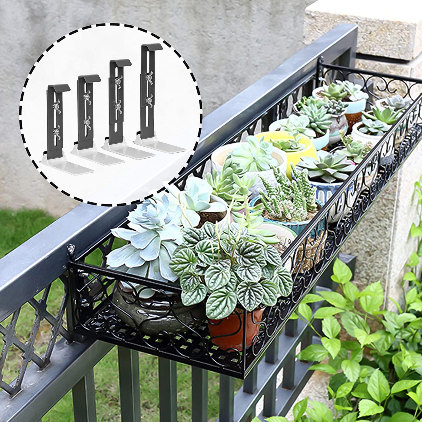 Sylvtty 4 Pcs Window Box Brackets Heavy Duty Flower Box Brackets Adjustable Balcony Planter Holder for Deck Railing Balconies Window Box