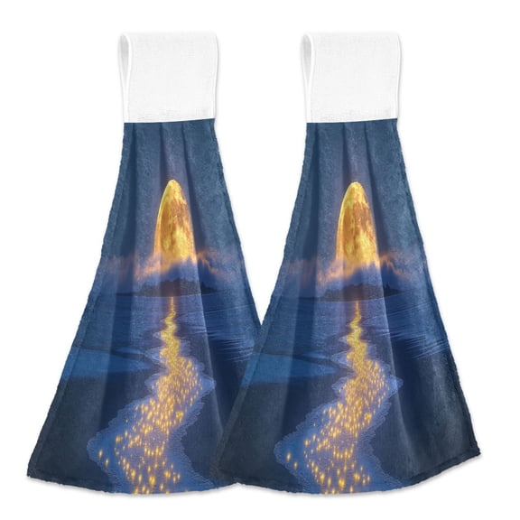BZSMCE Hanging Hand Towels Fashion Glowing Celestial over Ocean Pattern 2-Pack - Velcro Style Bathroom Kitchen Towels