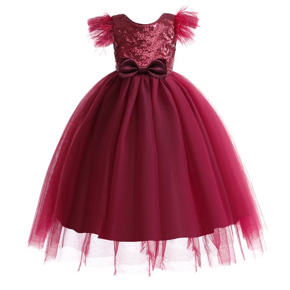 Sngxgn Girls Dresses Solid Color Tie Back Long Sleeve Ruffle Hem Casual Elegant Little Girl Dresses(Red,140)