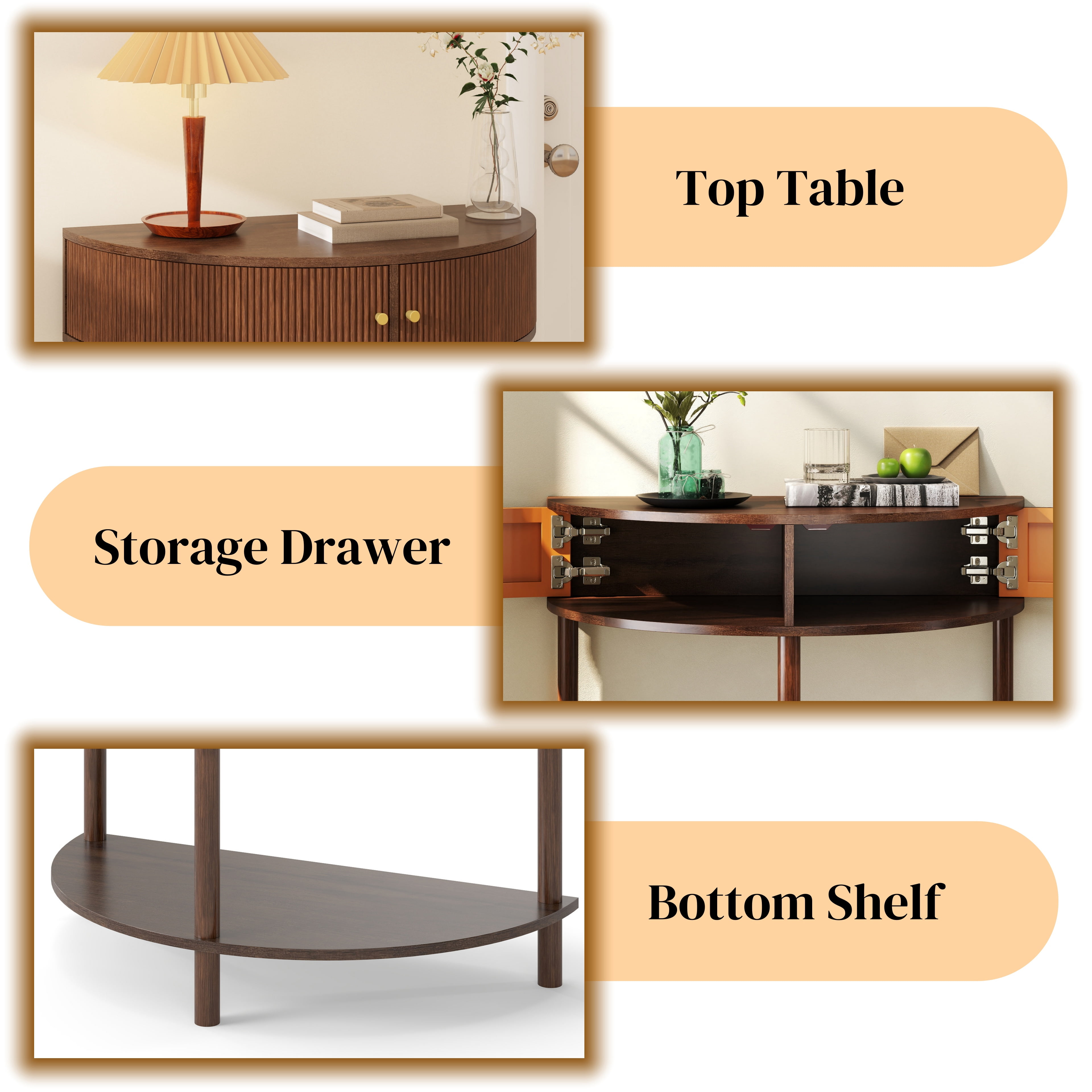 Console Table with Brown Woodgrain, Unique Half Moon Design End Table with 2 Storage Drawers and Bottom Shelf for Living room, Bedroom, Study, Hallway
