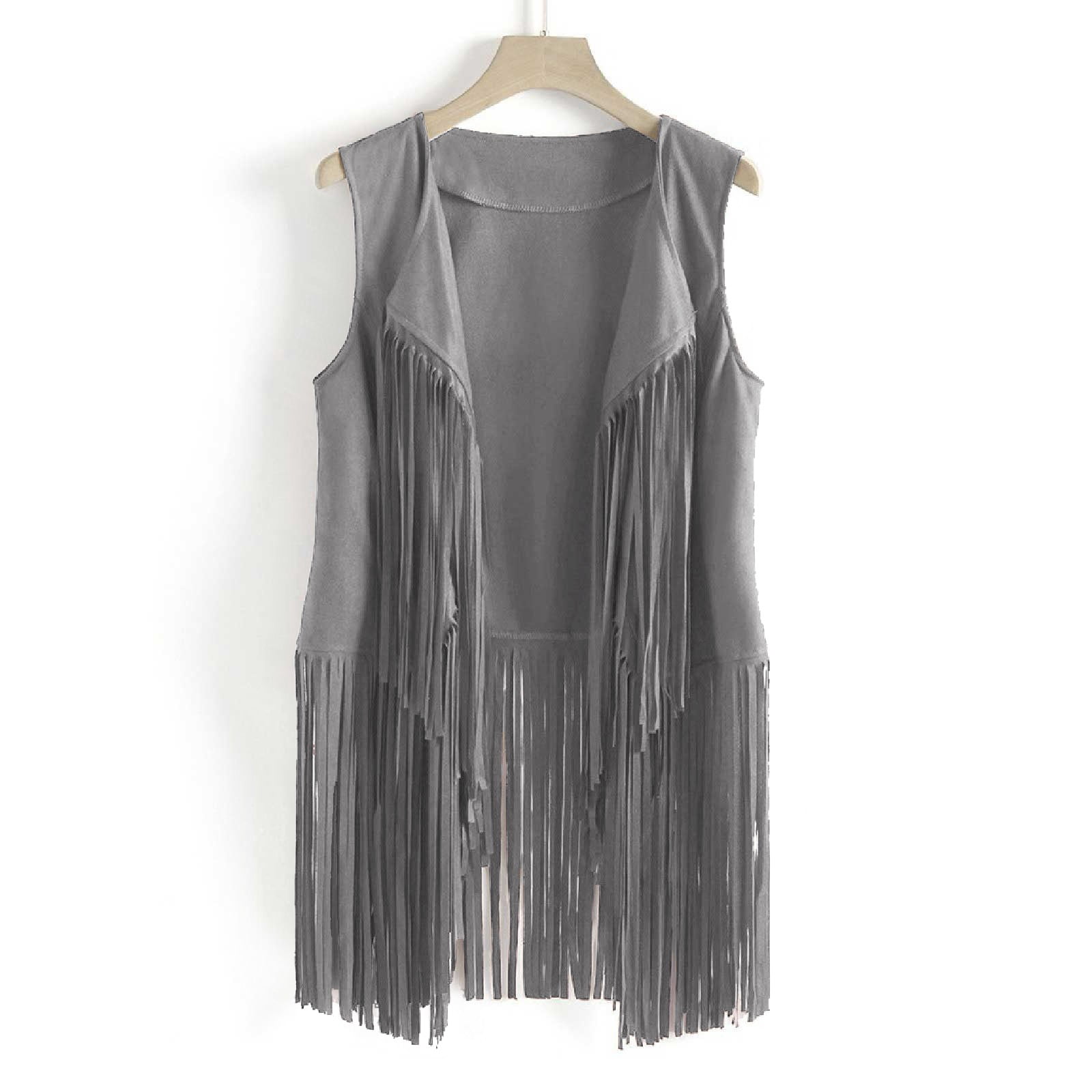 Womens Tassel Sleeveless Vest 70s Hippie Suede Fringe Jacket
