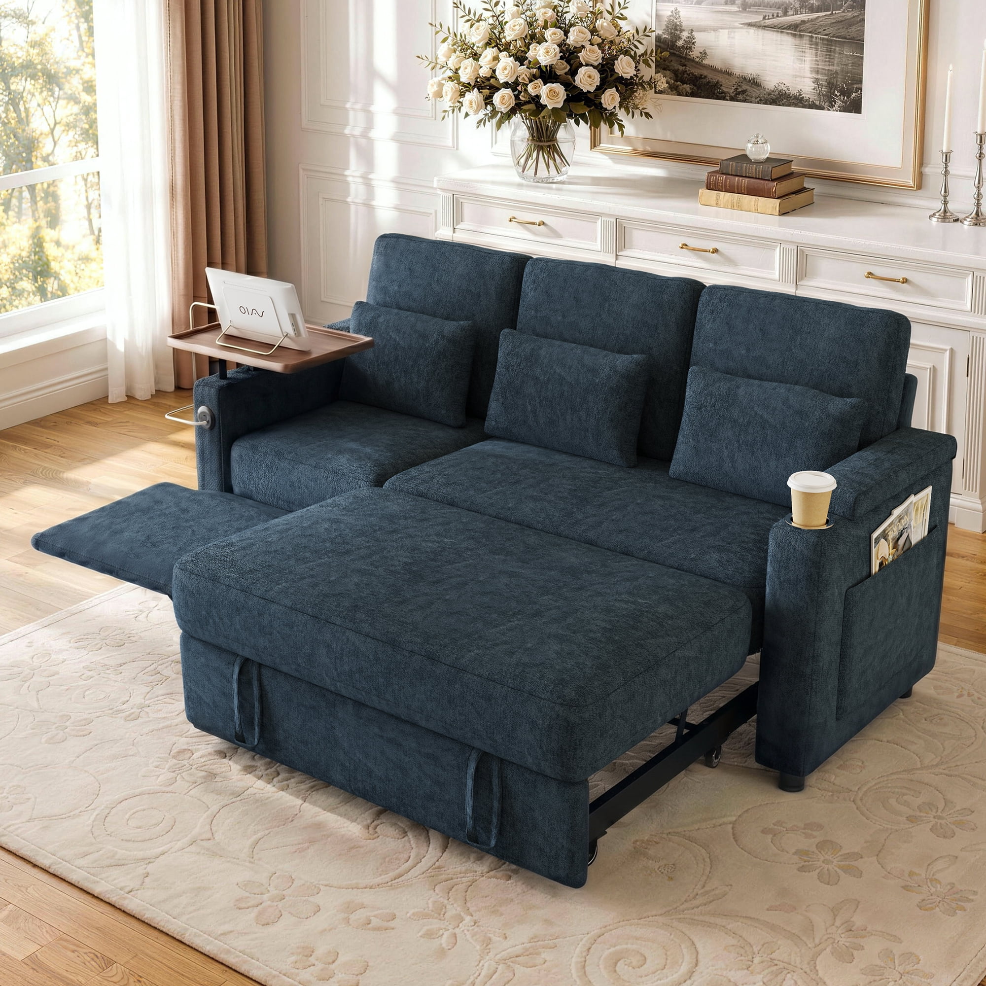 Aukfa 81" Convertible Sleeper Sofa,Chenille 3-in-1 Sofa Bed with Recliner,Center Table,USB Ports & Storage Armrests,Blue