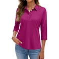 thumbnail image 3 of Nestiefly Women Polo Shirts 3/4 Sleeve V Neck Business Casual Tops Golf Collared 3 Buttons Summer Work Blouse Purple M, 3 of 5